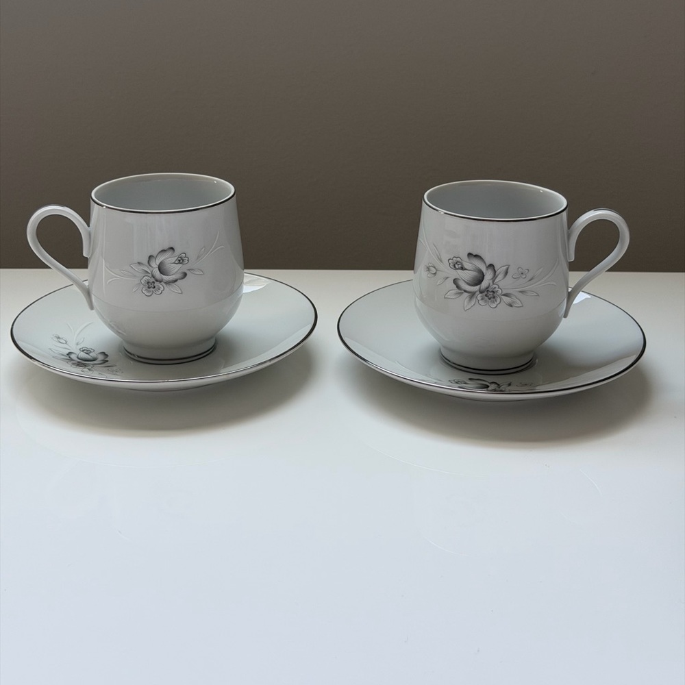 Sango Morena White Porcelain Tea Cup and Saucer Set with Floral Motif - 2 Piece